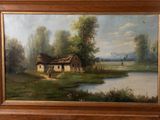 a picture of a painting of a house by the water