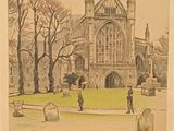 drawing of a drawing of a church with a cemetery in the foreground and a cemetery in the foreground