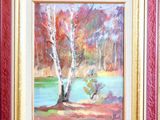 an oil painting of a tree by a lake in a red frame