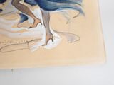 a painting of a woman in a blue dress on a table