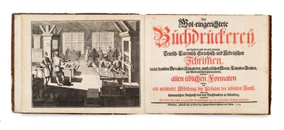 an old book with a picture of a group of people in a room