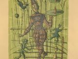 drawing of a woman in a green dress with birds on her head and a bird on her head