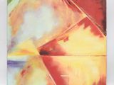 peinture abstraite représentant des formes orange, jaunes et rouges sur fond blanc