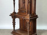 a wooden table with a clock on top of it