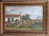 une peinture à l'huile représentant une maison dans un cadre champêtre