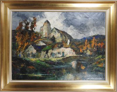 une image d'un tableau représentant un village au bord d'une rivière