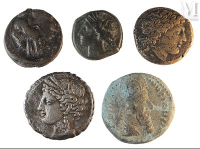 six ancient roman coins from the time of the roman empire