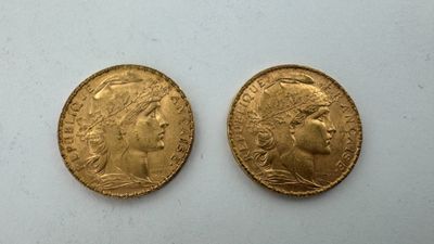 deux souverains d'or, dont l'un représente la tête d'une femme et l'autre celle d'un homme