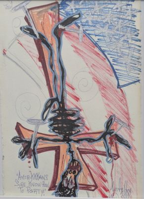 dessin représentant une croix sur laquelle se trouve un oiseau et un autre oiseau posé sur la croix