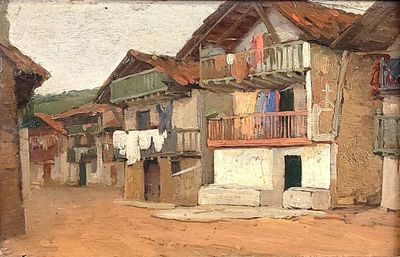 a painting of a town street with clothes hanging out to dry