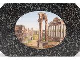 painting of roman ruins on a black marble plaque