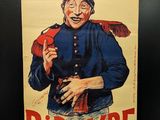 an old poster of a man in a red hat holding a pipe