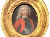 portrait d'un homme en manteau rouge, dans un cadre doré