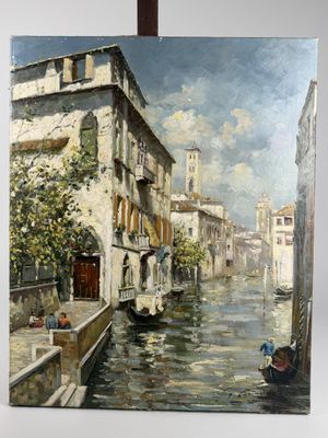 tableau représentant une scène de canal avec une gondole au premier plan