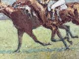 painting of two jockeys on horses racing on a track