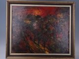 une peinture à l'huile représentant un paysage avec un ciel rouge en arrière-plan