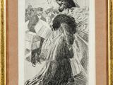 un dessin en noir et blanc représentant une femme en robe longue