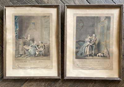 two framed pictures of a couple of people sitting in a room