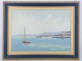 an oil painting of a sailboat in the water near a dock