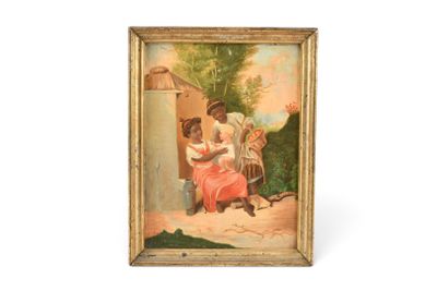 un vieux tableau représentant une femme assise sur une chaise à côté d'un enfant