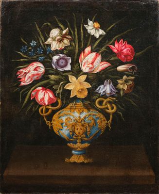 painting of a vase of flowers on a table with a black background