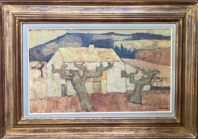 an image of a painting of a farm scene in a gold frame