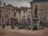 une peinture représentant une statue au milieu d'une place de ville