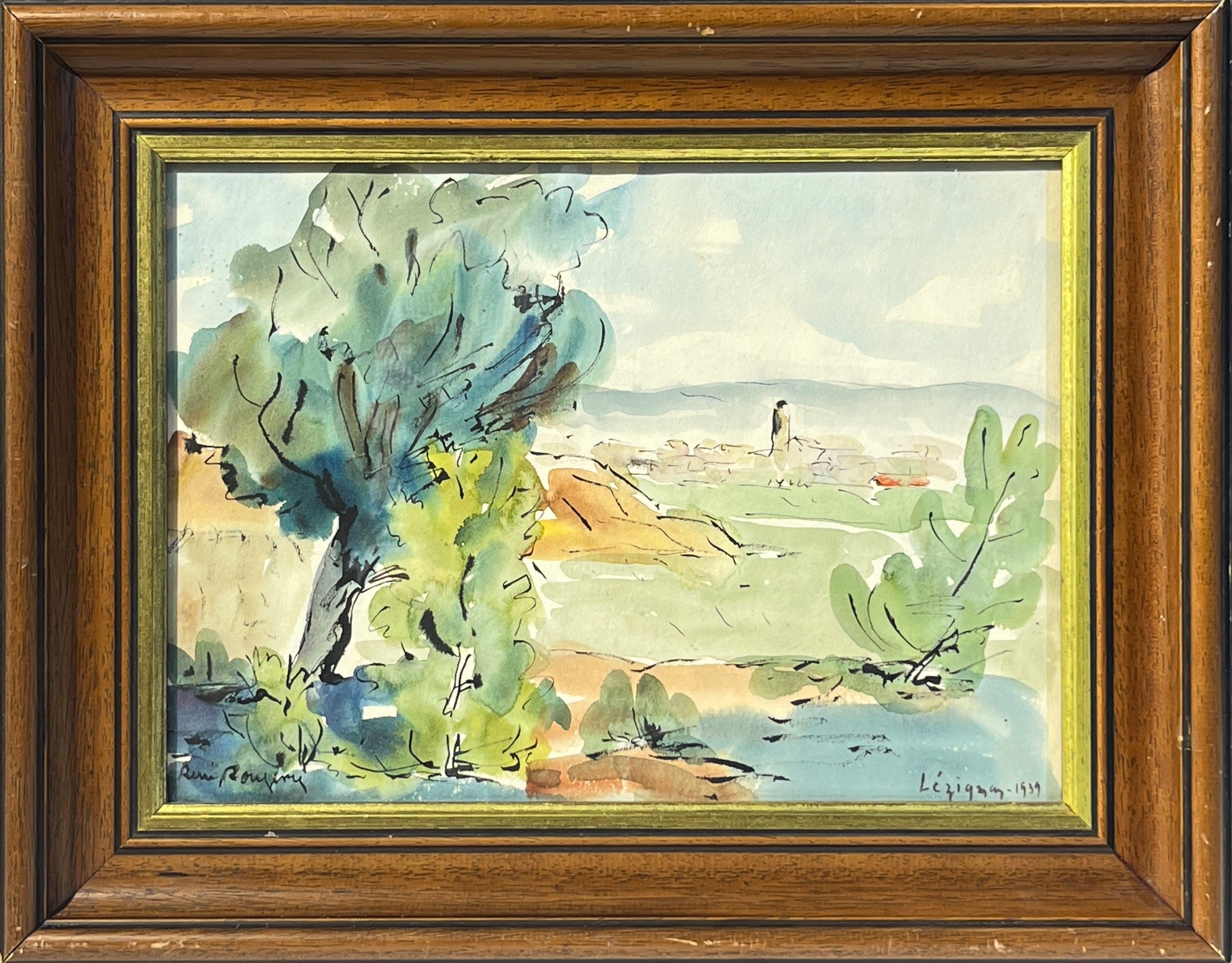 René ROUGERIE (1891-1980). Paysage à Lézignan. Aquarelle et encre. Signé en bas à gauche, situé Lézignan et daté 1939...
