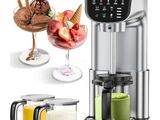 an image of a coffee maker with ice cream and fruit in front of it