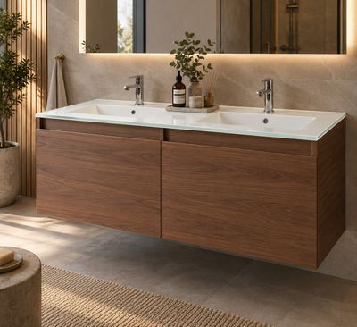 two sinks in a bathroom with a large mirror above them