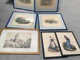 quatre reproductions encadrées représentant des personnes et des animaux posés sur une table