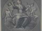 a drawing of a woman sitting on a cloud surrounded by angels