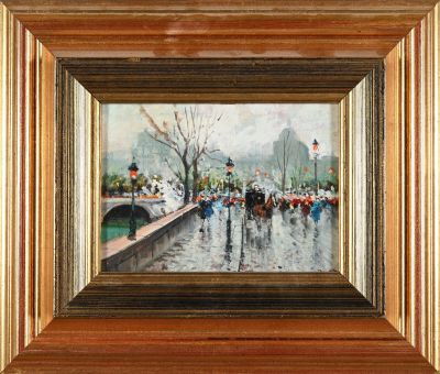 an oil painting of people walking on a bridge in the rain