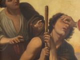 a painting of a man holding a baseball bat next to a woman