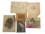 several drawings of people sitting on a bench in front of a white background