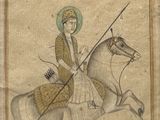an old painting of a man riding a horse with a spear in his hand