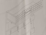 drawing of a coffee shop with a sign on the front of it