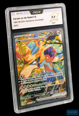 gros plan d'une carte pokemon dans un étui en plastique