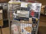 a metal cart with many items in it in a warehouse