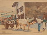 a picture of a painting of a man and two cows