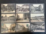 several old black and white photos of a city street with people