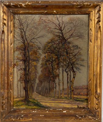 une peinture représentant une route avec des arbres en arrière-plan