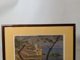 painting of a castle by the sea with a tree in the foreground
