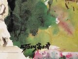 a picture of a painting of a woman walking down the street