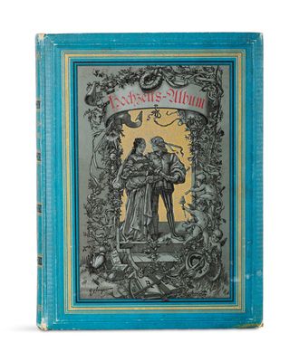 an old book with a picture of a man and a woman on it