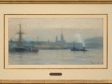 une image représentant un tableau où l'on voit des bateaux sur l'eau, avec une ville en arrière-plan