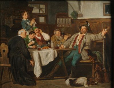 une peinture représentant un groupe de personnes assises autour d'une table