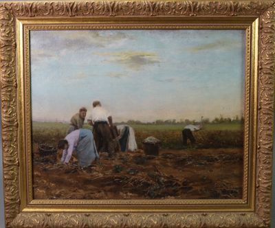 une peinture à l'huile représentant un groupe de personnes travaillant dans un champ