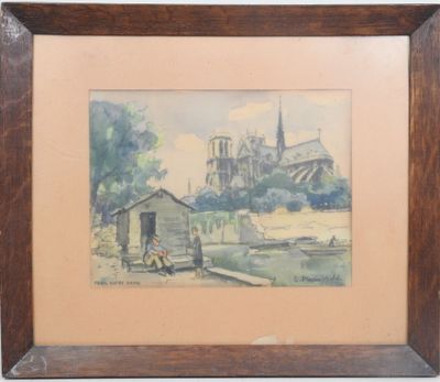 aquarelle encadrée représentant une église et un bateau sur une rivière