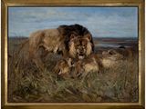 une peinture à l'huile représentant un lion et une lionne dans un champ